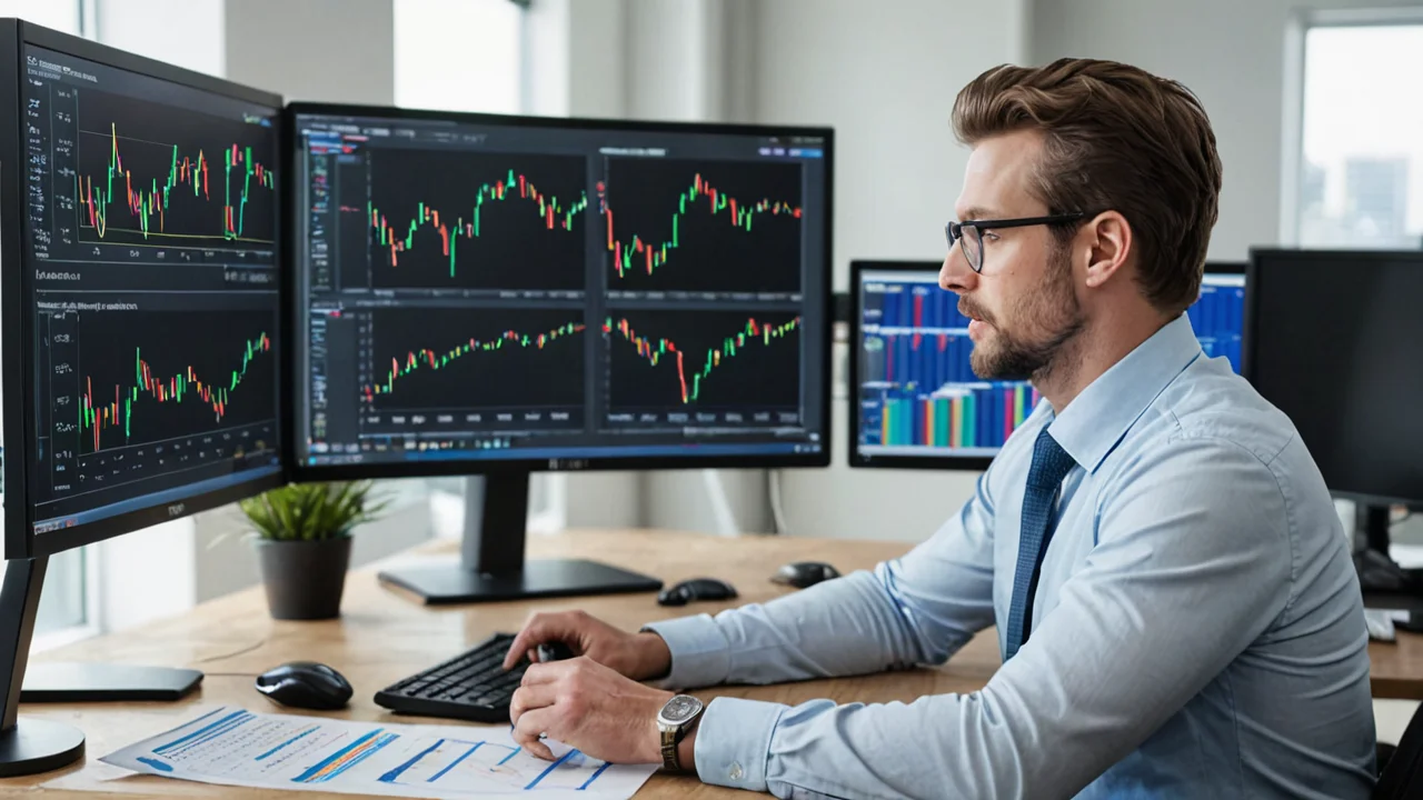 Analyst reviewing forex charts on dual monitors