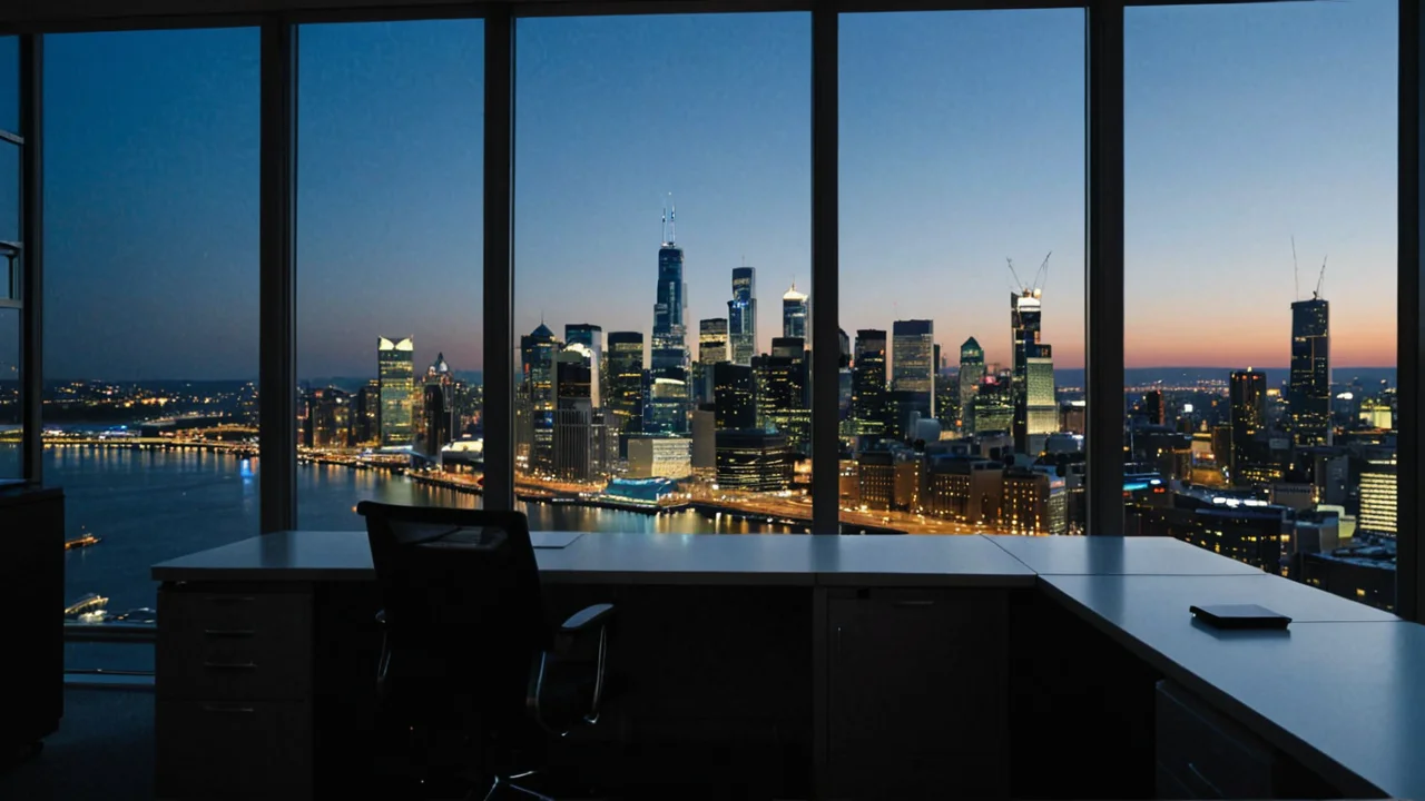 Trading screen glowing against a night city skyline